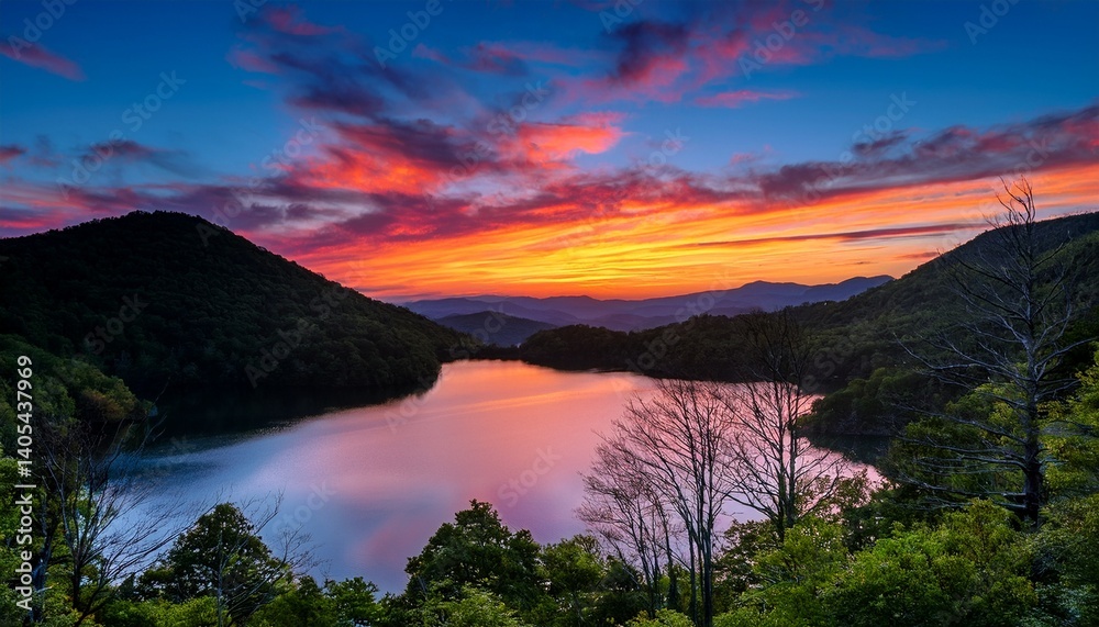 Fototapeta premium Colorful sunset over Julian Price Lake along the Blue Ridge Parkway