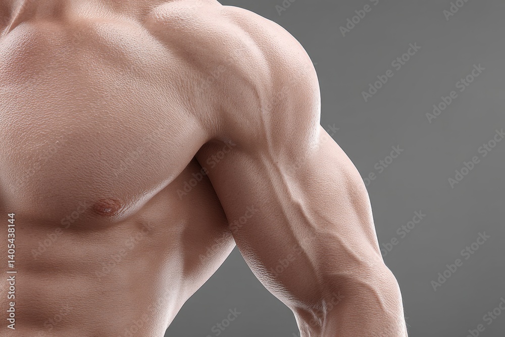 Realistic close-up of biceps, triceps, and deltoids in muscular arm Realistic close-up of biceps, triceps, and deltoids in muscular arm