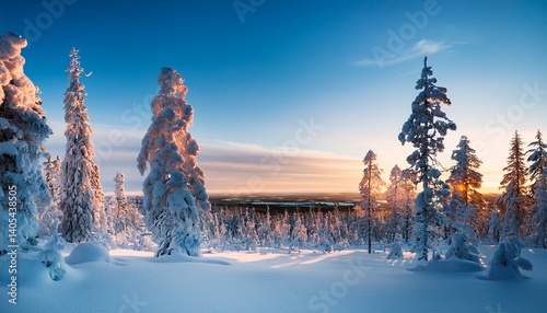 Winter scenery during sunset in snowy Lapland Finland