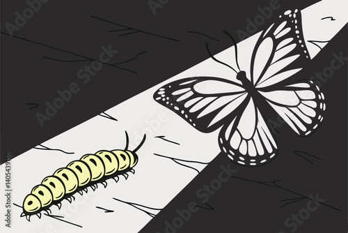 80 Dark textured background, stark butterfly shadow, bright yellow caterpillar, contrast, minimalist composition, conceptual imagery, transformation metaphor, light and shadow play, black and white wi