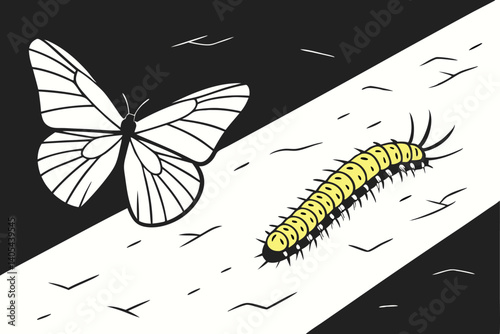 80 Dark textured background, stark butterfly shadow, bright yellow caterpillar, contrast, minimalist composition, conceptual imagery, transformation metaphor, light and shadow play, black and white wi