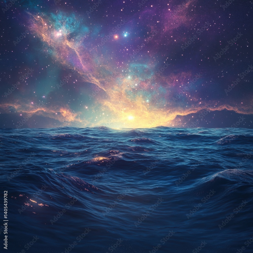Obraz premium Colorful nebula rising over a restless ocean at night