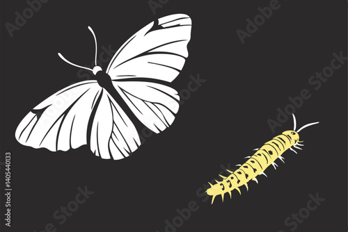 80 Dark textured background, stark butterfly shadow, bright yellow caterpillar, contrast, minimalist composition, conceptual imagery, transformation metaphor, light and shadow play, black and white wi