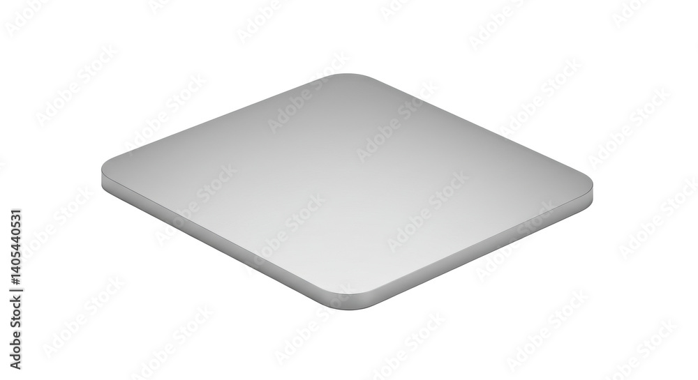 A slightly elevated gray square with rounded corners is displayed on a black background in a studio shot A slightly elevated gray square with rounded corners is displayed on a black background in a studio shot