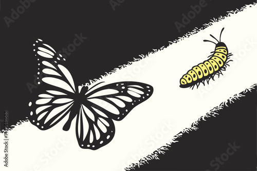 80 Dark textured background, stark butterfly shadow, bright yellow caterpillar, contrast, minimalist composition, conceptual imagery, transformation metaphor, light and shadow play, black and white wi