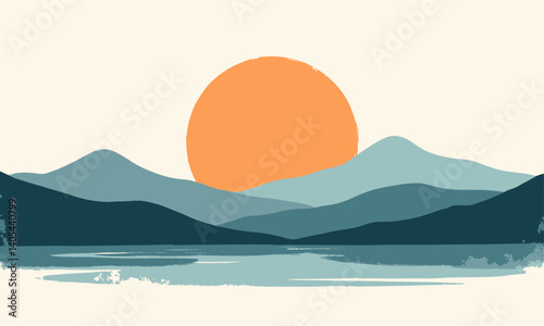 Abstract Mountain Landscape with Orange Sun and Lake