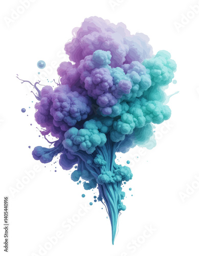Abstract smoke plume, purple and teal gradient on white
