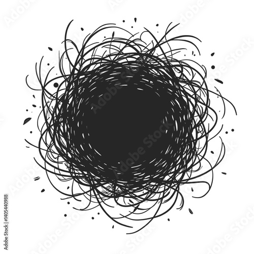 Abstract black tangled lines with splatters on white