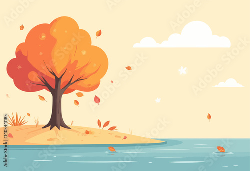 Autumnal Tree Shedding Leaves by Lake Illustration