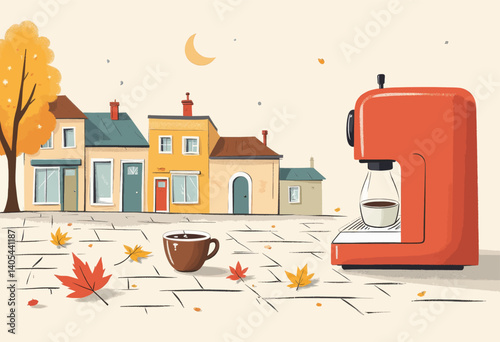 Autumn Town Coffee Scene with Orange Machine