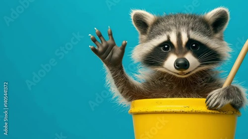 A raccoon is playfully waving from a yellow bucket set against a bright blue background, capturing a charming and lively interaction