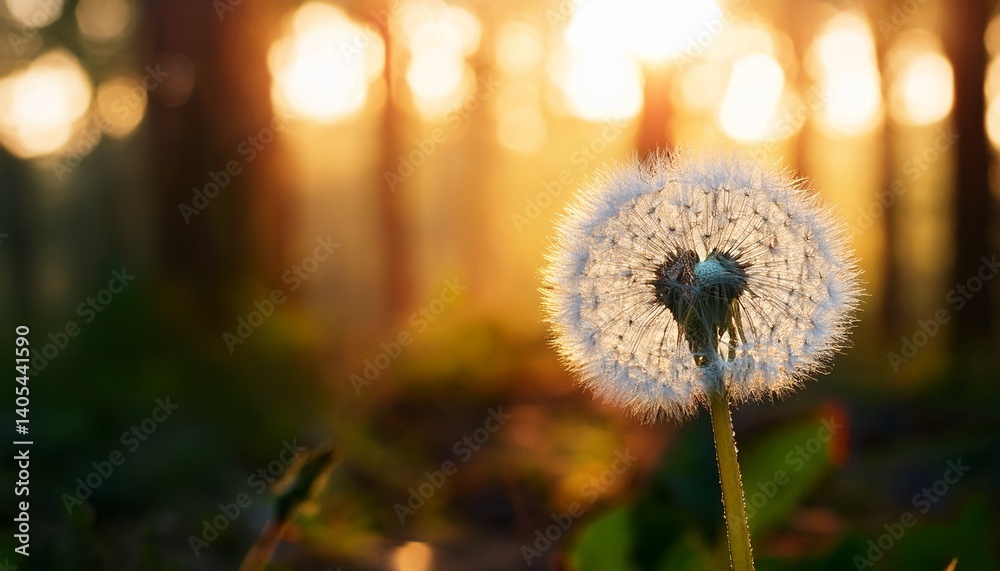 Fototapeta premium White dandelion in a forest at sunset Macro image Abstract nature background