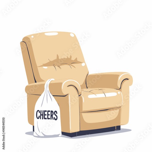 Beige recliner chair with a cheers bag nearby