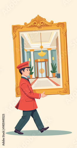 Bellhop Carrying Ornate Hotel Lobby Painting