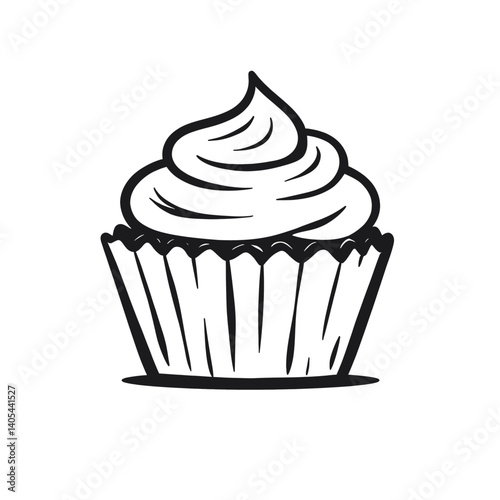 Black and white cupcake sketch with frosting swirl