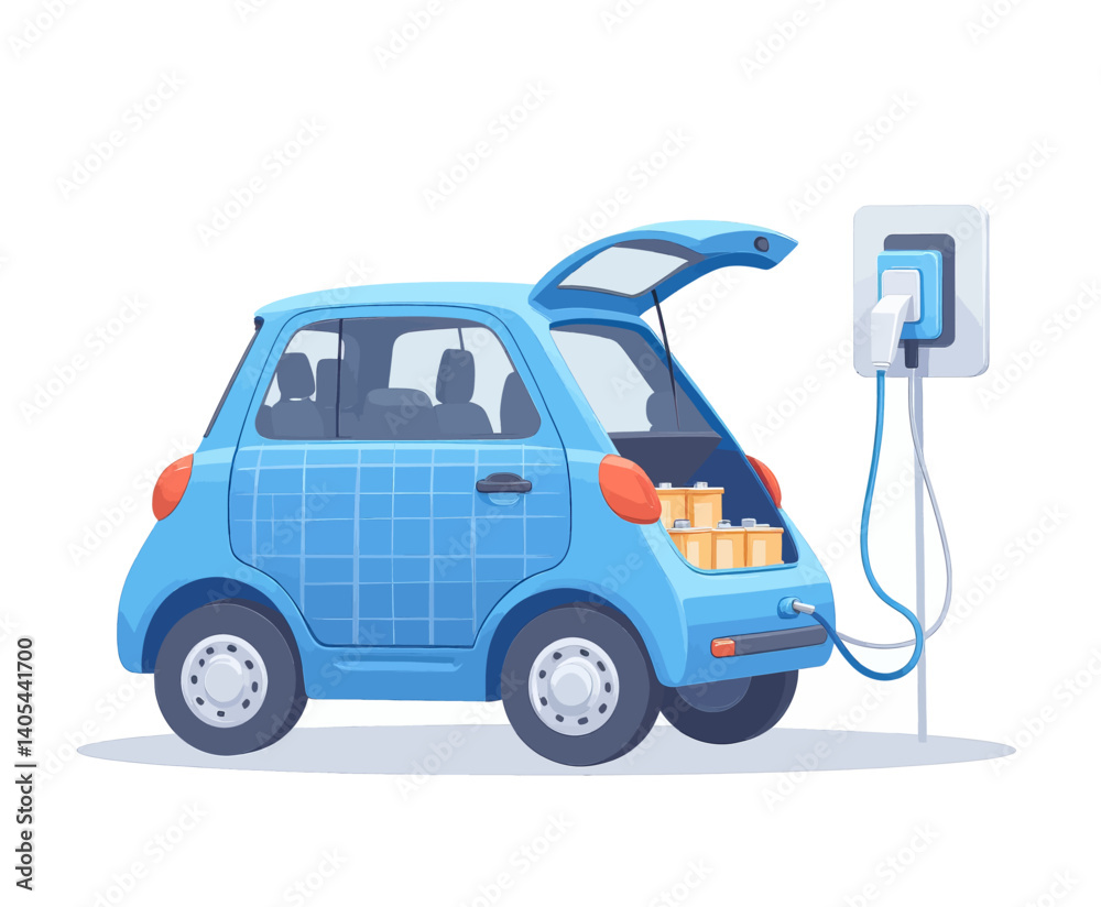 Blue Electric Car Charging with Batteries in Trunk Blue Electric Car Charging with Batteries in Trunk
