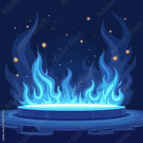 Blue fire portal on platform with starry night sky