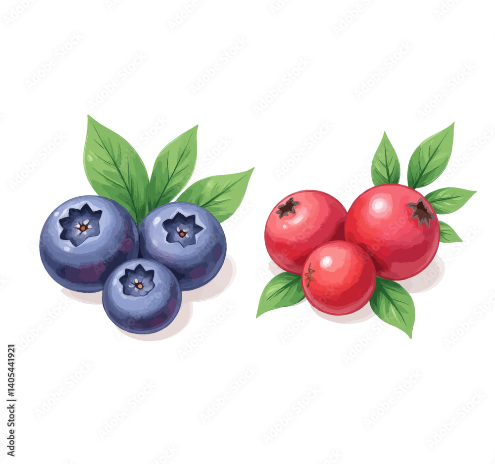 Blueberries and Cranberries with Green Leaves Illustration Blueberries and Cranberries with Green Leaves Illustration