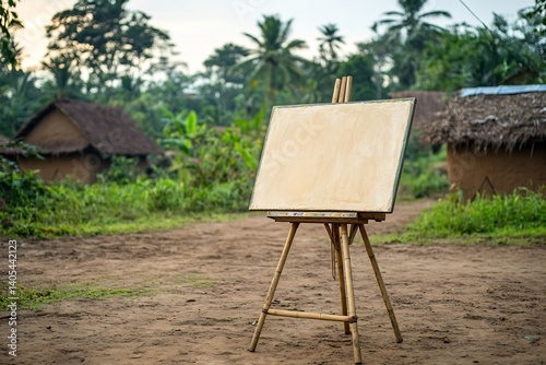 Artists workspace in mud house with simple bamboo easel, earthen floor, and
