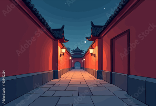 Cartoon Asian Temple Courtyard at Night