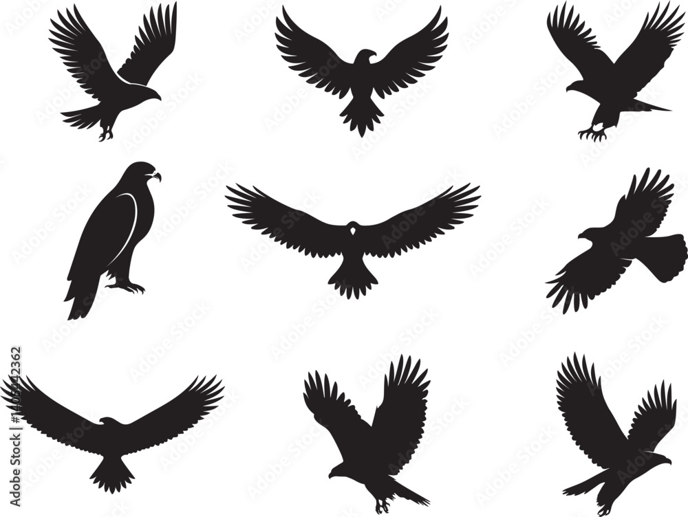 Fototapeta premium Flying Eagle Silhouettes Vector Set – Black Bird Silhouette for Logo, Tattoo, Wildlife, and Nature Design