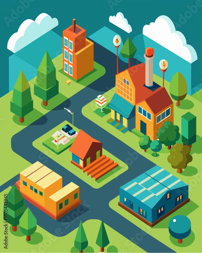 The outskirts of town littered with warehouses and assembly plants replacing meadows and farmlands.. Vector illustration