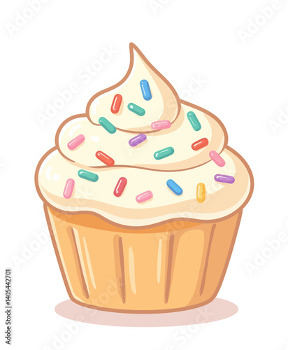 Cartoon cupcake with white frosting and colorful sprinkles