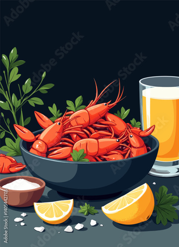 Cartoon Crawfish Boil with Beer and Lemon Slices