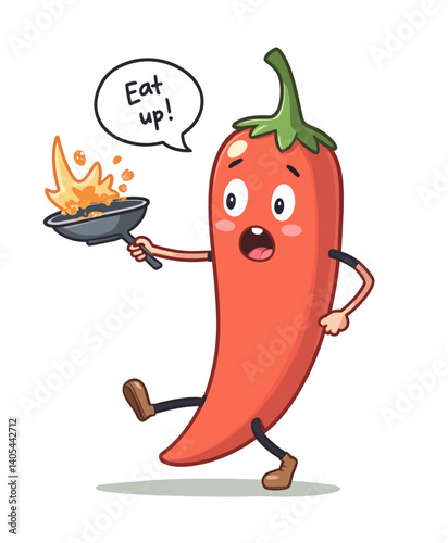 Cartoon Chili Pepper Character Cooking with Flames