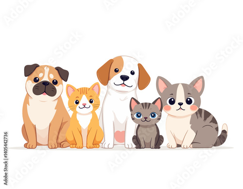 Cartoon Dogs and Cats Together on White Background