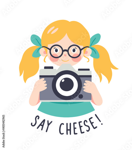 Cartoon girl with glasses holding camera saying "Say Cheese!"