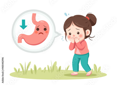 Cartoon girl with indigestion and stomach pain