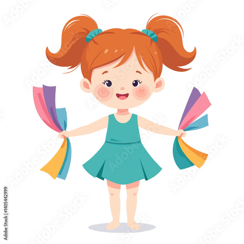 Cartoon girl with red hair holding colorful ribbons