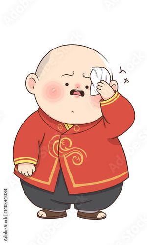 Cartoon Man Sweating, Wiping Forehead with Cloth