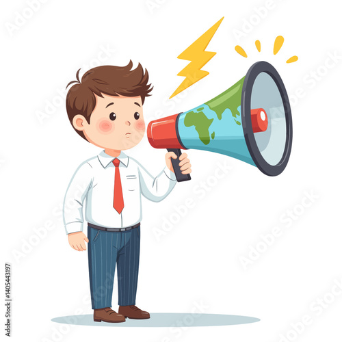 Cartoon man with world megaphone and lightning bolt