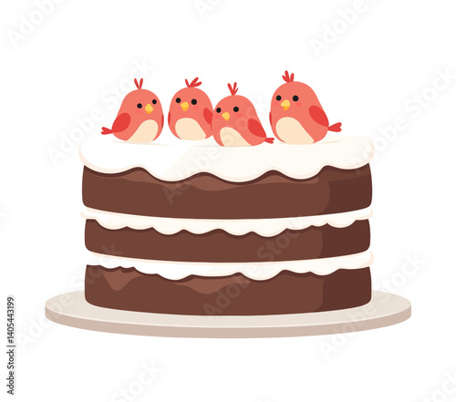 Cartoon Layer Cake Topped with Four Pink Birds