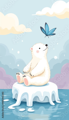 Cartoon Polar Bear on Ice Floe with Blue Butterfly