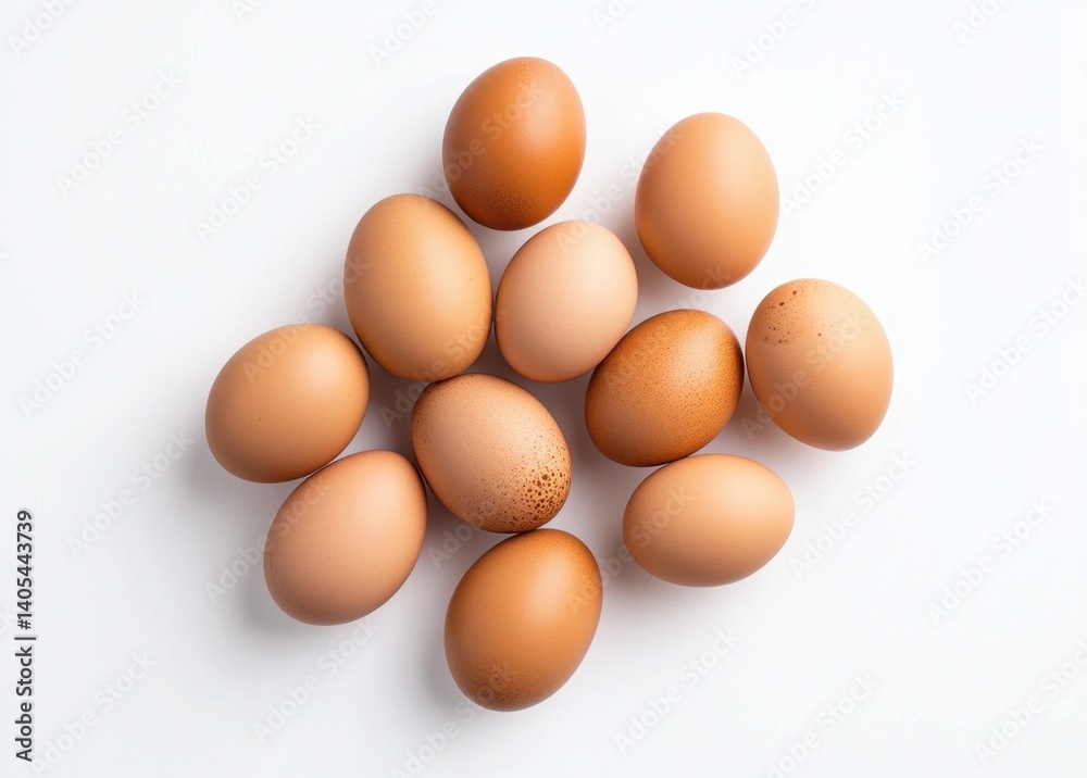 A cluster of brown eggs against a clean white background, showcasing natural textures and warm tones A cluster of brown eggs against a clean white background, showcasing natural textures and warm tones