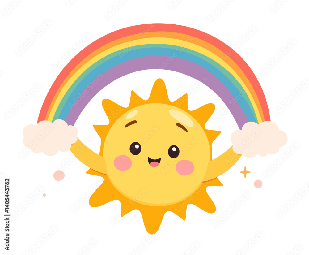 Obraz premium Cartoon Sun Holding a Rainbow with Clouds