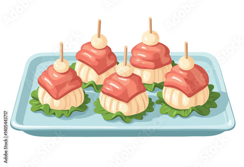 Cartoon Tapas on Blue Tray with Lettuce and Toothpicks
