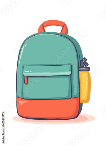 Cartoon teal backpack with orange accents and water bottle