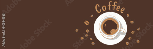 Coffee cup with beans on brown background illustration