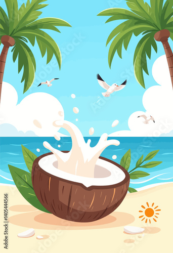 Coconut Milk Splash on Tropical Beach with Seagulls