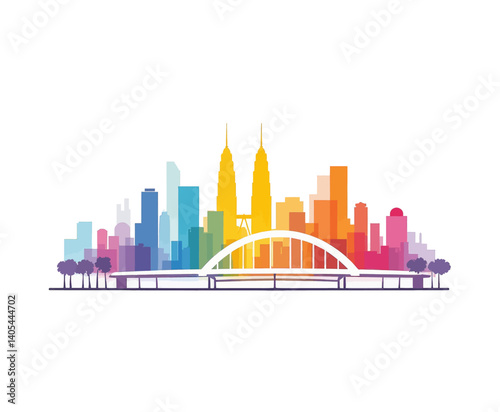 Colorful Kuala Lumpur skyline with Petronas Towers and bridge