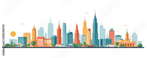 Colorful Flat Vector City Skyline with Sun and Vehicles