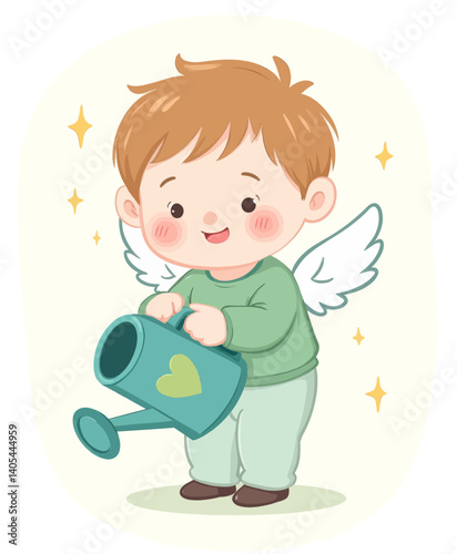 Cute angel boy watering with heart watering can