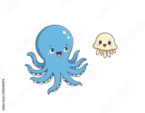 Cute Blue Octopus and Yellow Jellyfish Cartoon Characters
