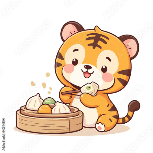 Cute Tiger Cub Eating Dumplings with Chopsticks