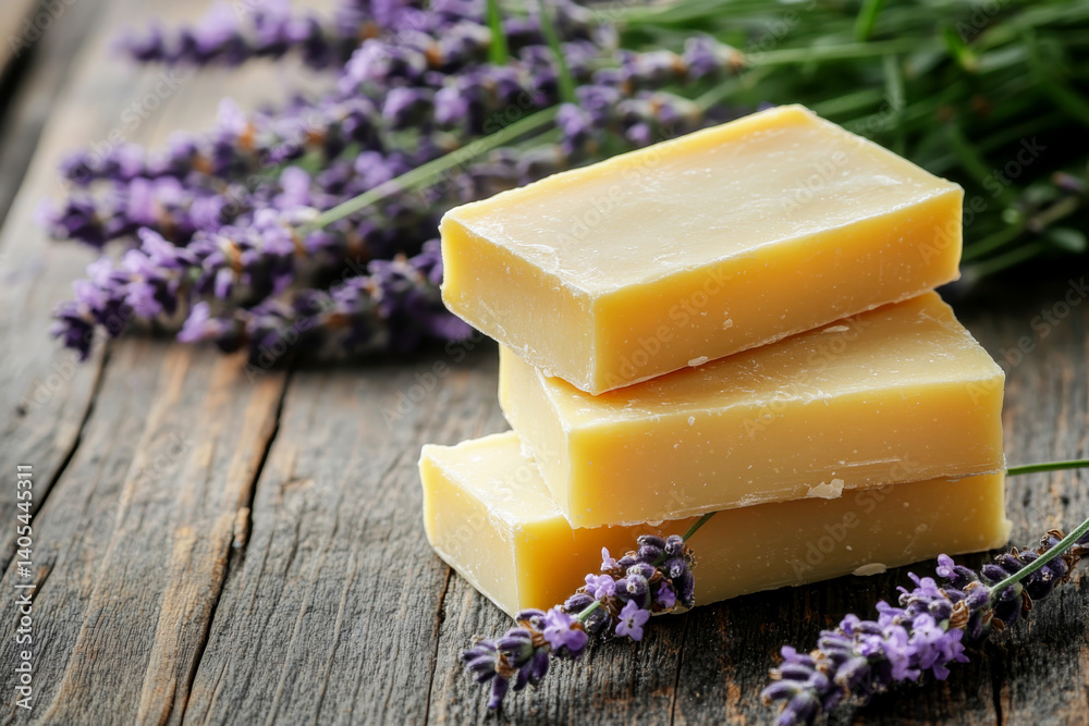 Natural soap bars stacked on a wooden surface with lavender sprigs, rustic setting and soft lighting.