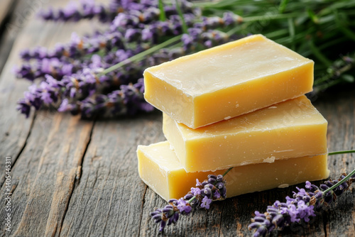 Obraz na płótnie Natural soap bars stacked on a wooden surface with lavender sprigs, rustic setting and soft lighting. w salonie